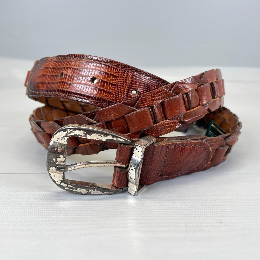 Vintage Cole Haan Brown Woven Leather Belt Mens Size 38 Dress Buckle - USA